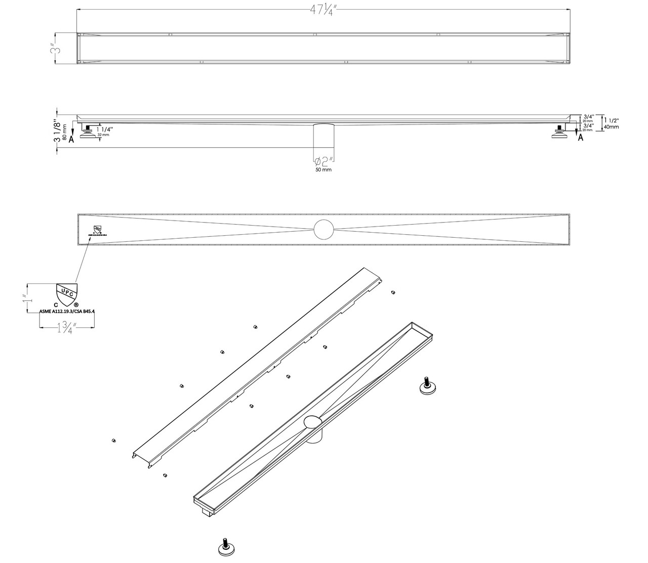 Alfi 47" Polished Stainless Steel Linear Shower Drain with Solid Cover